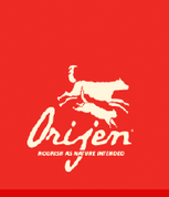Red Orijen logo with a white dog silhouette on a red background