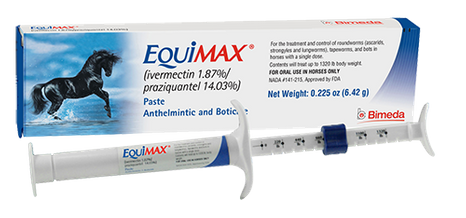 Equimax horse dewormer box and syringe with black horse graphic on white background