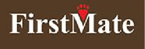 FirstMate logo in white text with a red paw print on a brown background