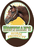 Huffman’s Horse Products logo with a brown horse head in an oval emblem