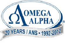 Omega Alpha 20th anniversary logo in blue, with