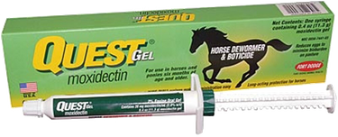 Quest Gel dewormer box and syringe tube in green-and-yellow packaging on a white background
