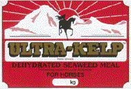 Red Ultra-Kelp feed label with horse silhouette, mountains, and bold product name