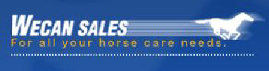 Blue “WECAN SALES” banner for horse care needs with a galloping horse silhouette