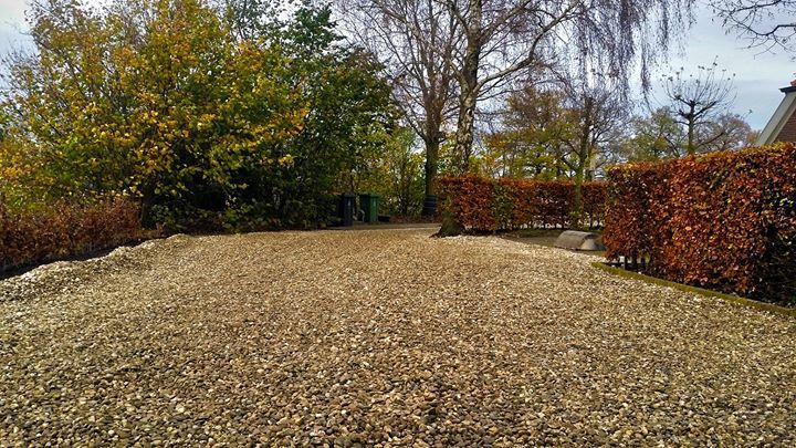 Een grindpad, omzoomd door hagen en bomen met herfstbladeren. Een zonnige dag.