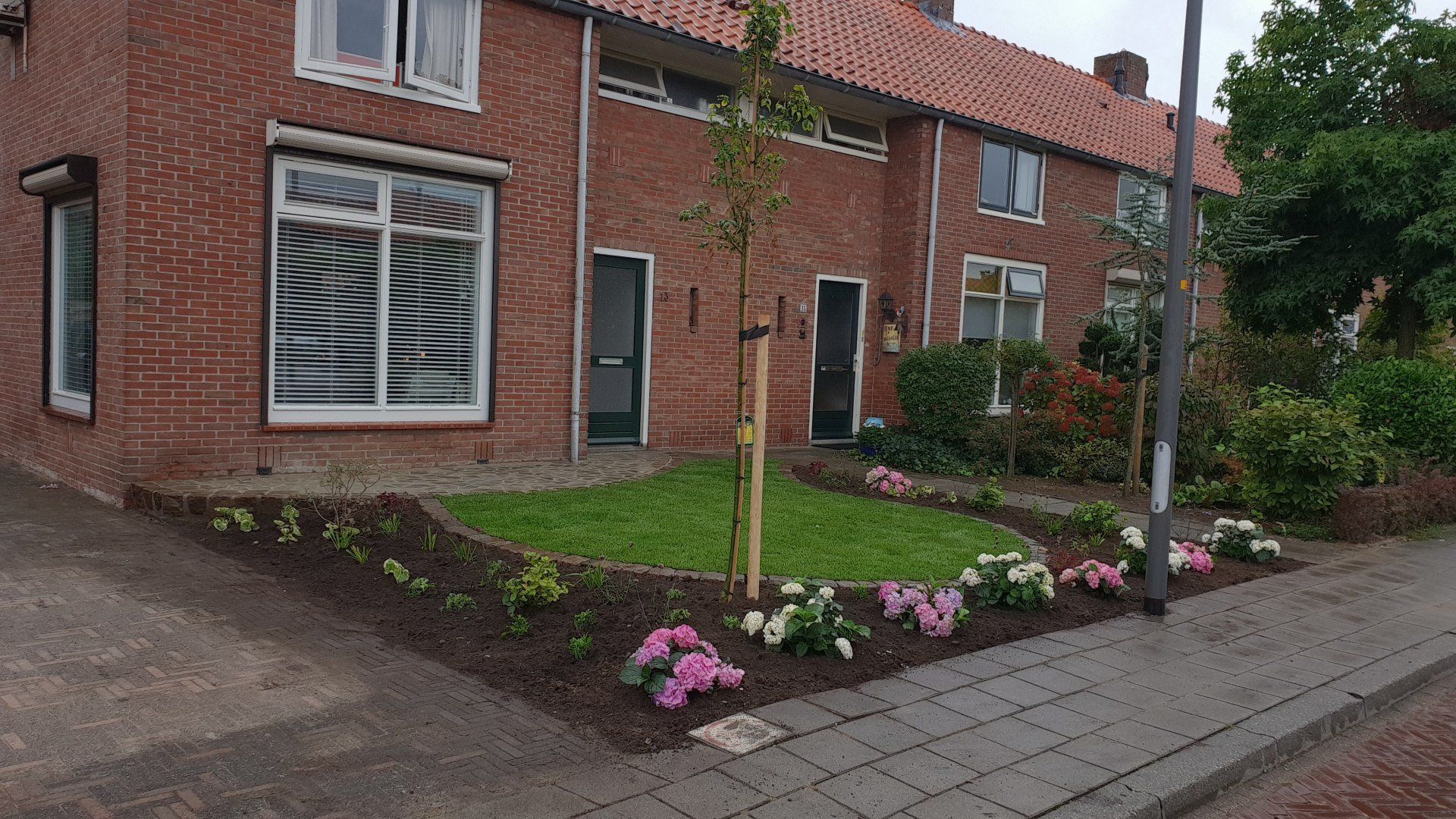 Bakstenen huizen met bloemperken, een kleine boom en een stoep ervoor.