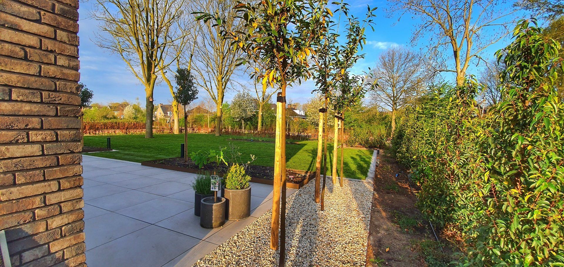 Een zonnige buitenscène met bomen, groen gras en een bakstenen muur.
