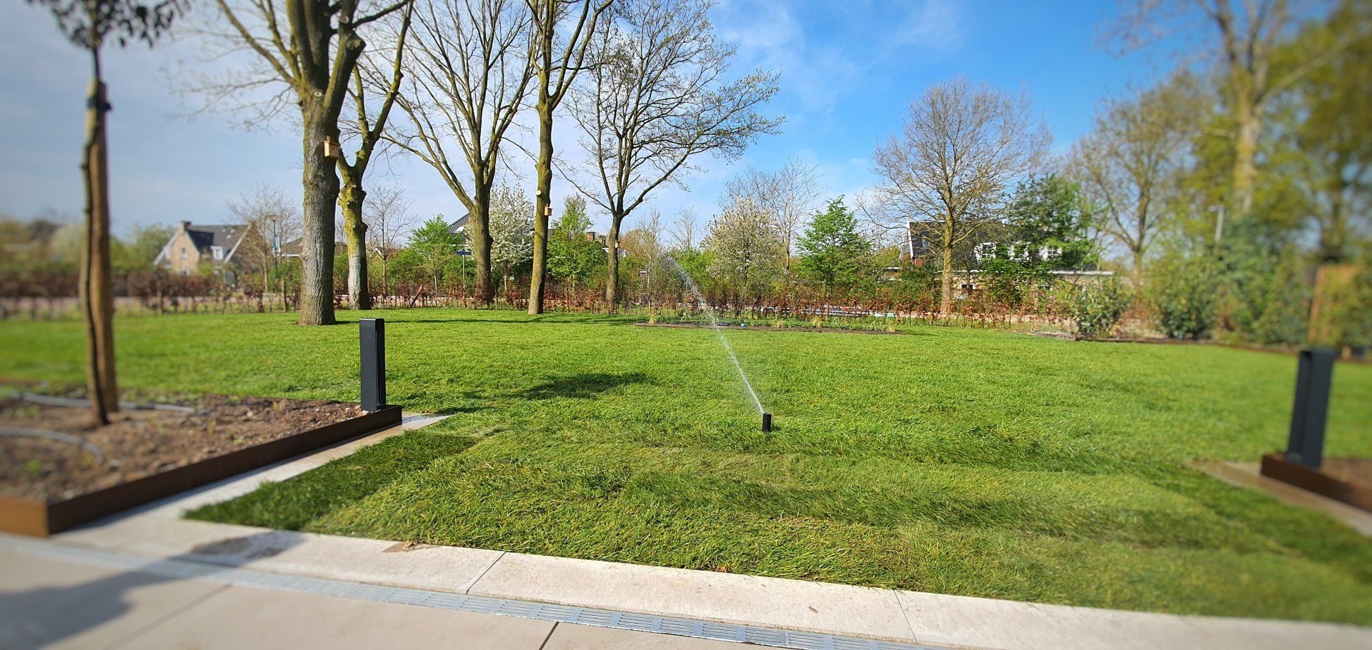 Een weelderig groen gazon met een sproeier die water spuit onder een helderblauwe hemel. Bomen en een gebouw op de achtergrond.