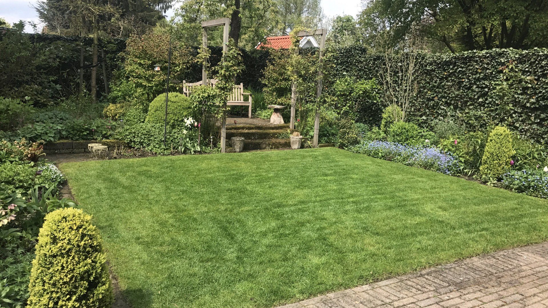 Een weelderig groen gazon in een tuin met een houten prieel en omringende begroeiing.