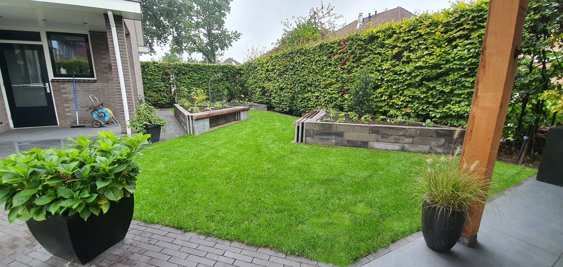 Een weelderige groene achtertuin met gazon, haag en potplanten. Een houten pilaar biedt steun.