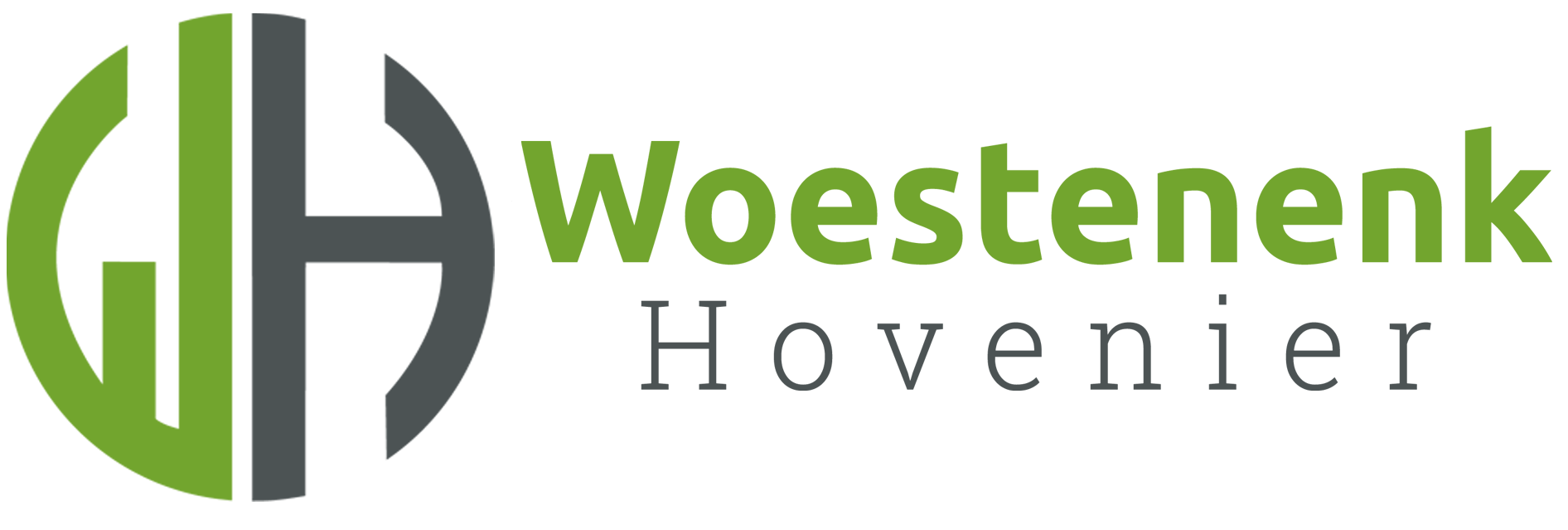 Logo voor Woestenenk Hovenier, een groen en grijs cirkelvormig ontwerp met initialen en tekst.