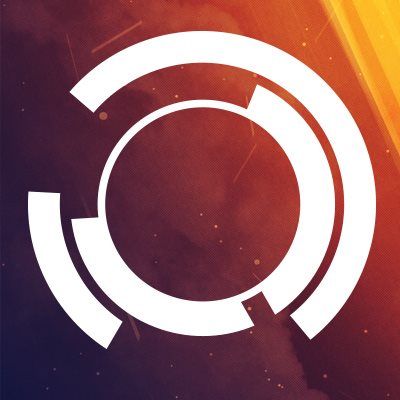 A white circle on a purple and orange background