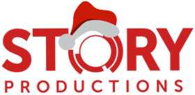 The logo for story productions has a santa hat on it