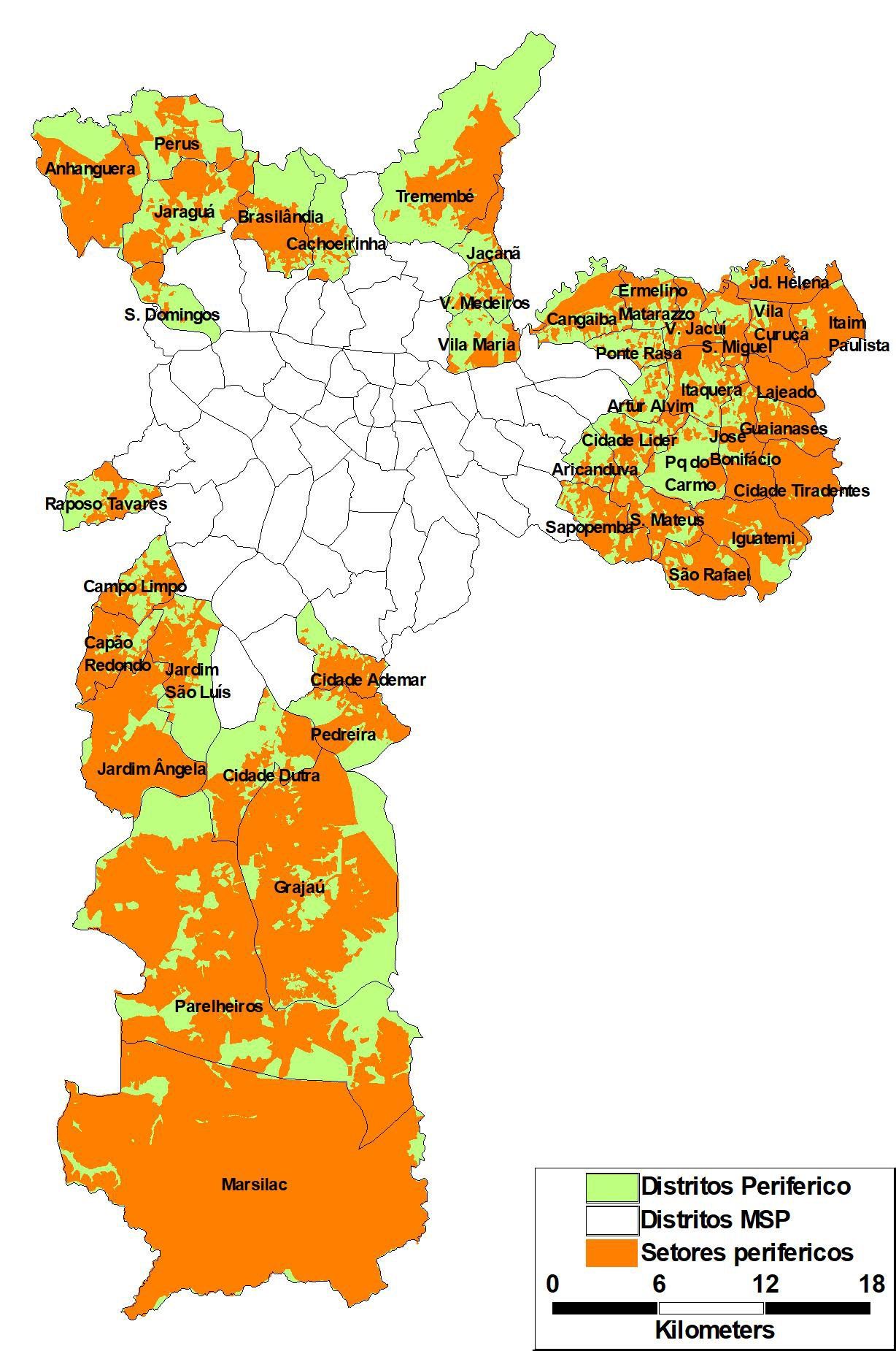 A map of the peripherical districs of São Paulo A map of a country with orange and green areas