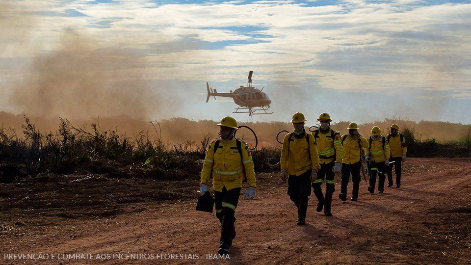 A group of firefighters are walking down a dirt road in front of a helicopter.