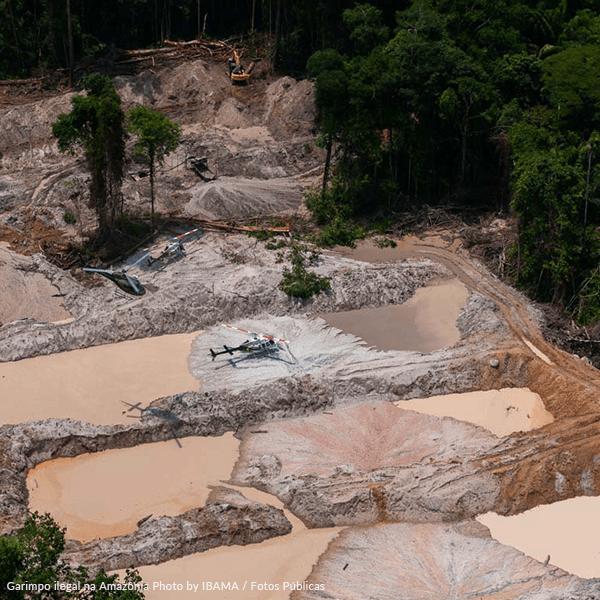 Ilegal mining in the Amazon Rainforest An aerial view of a dirt field with a helicopter in the middle