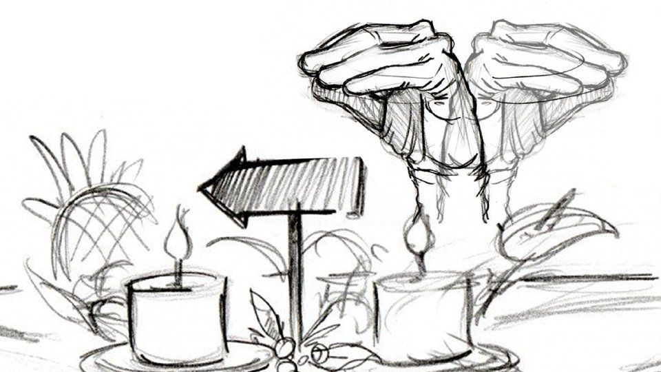A black and white drawing of a person holding a candle.