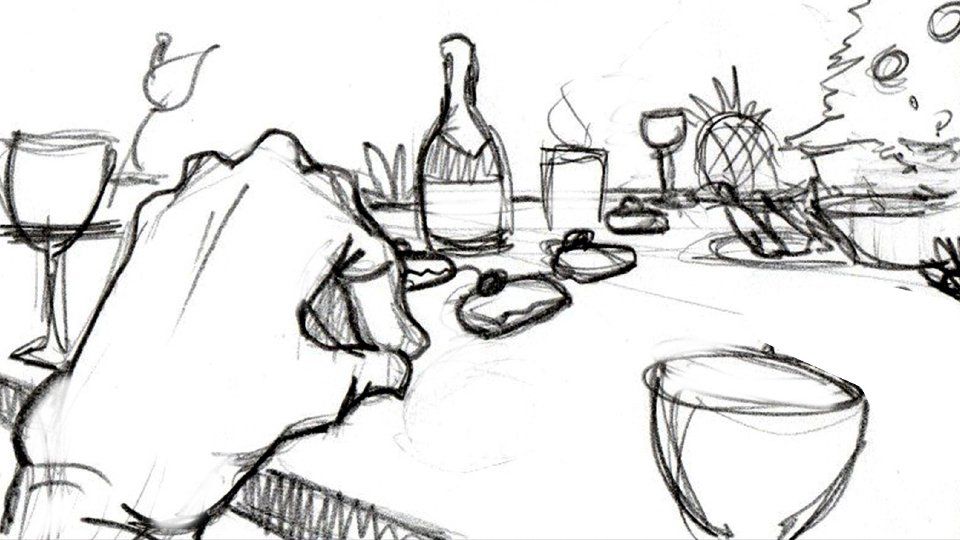 A black and white drawing of a person sitting at a table with wine glasses and a bottle of wine.