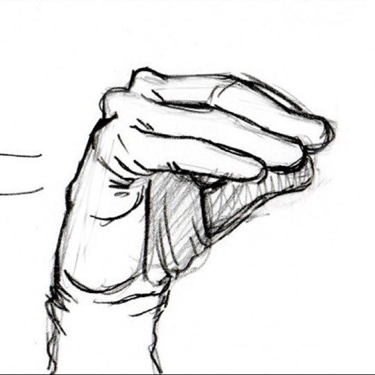 A black and white drawing of a hand holding something