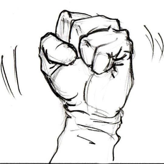 A black and white drawing of a fist on a white background.