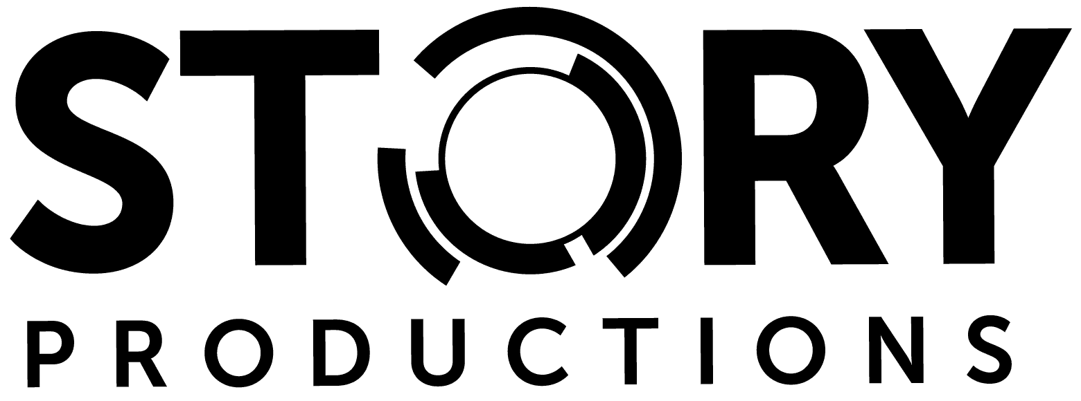 A black and white logo for story productions on a white background.