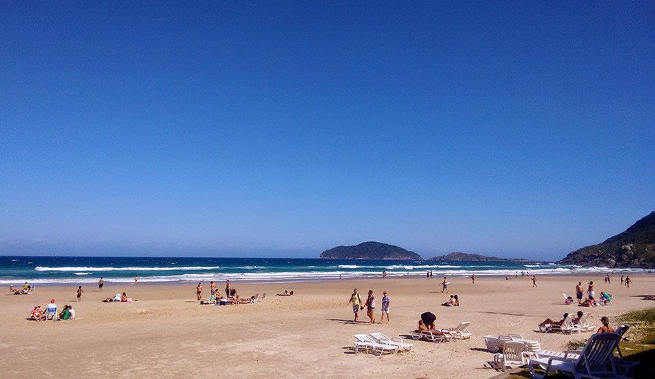 A beach filled with people and chairs on a sunny day