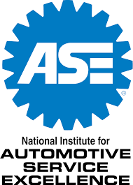 ASE logo: blue gear-shaped border with white letters 