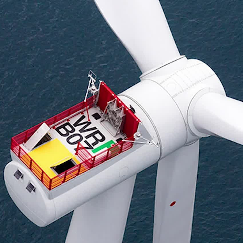 Luchtfoto van een gondel van een windturbine met een open dakplatform, rode relingen en de markering