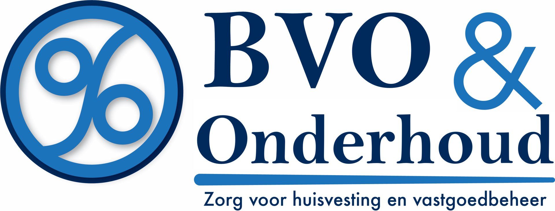 Het BVO & Onderhoud logo in blauw met een cirkelvormig icoon en de Nederlandse slogan voor woning- en vastgoedbeheer.