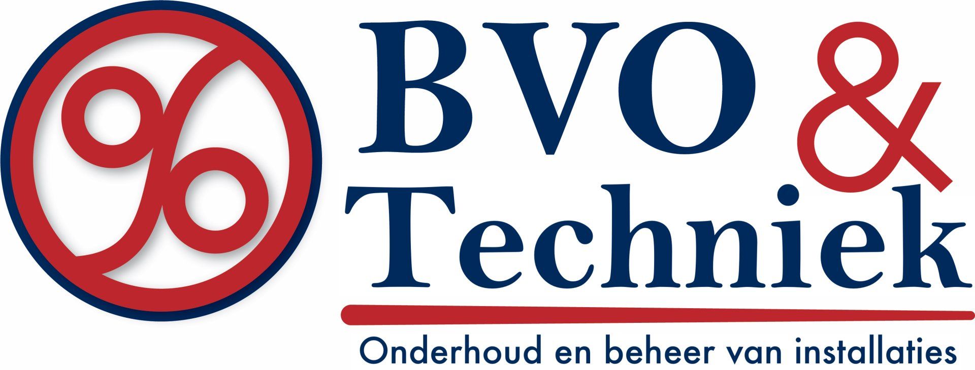 BVO & Techniek logo met rood procentteken en blauwe tekst op een witte achtergrond