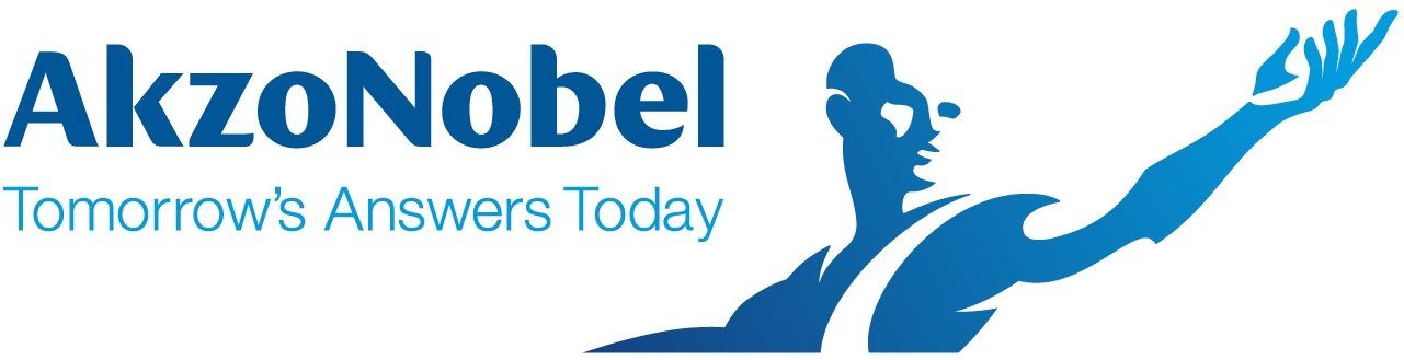Het AkzoNobel-logo met een blauwe abstracte figuur en de slogan