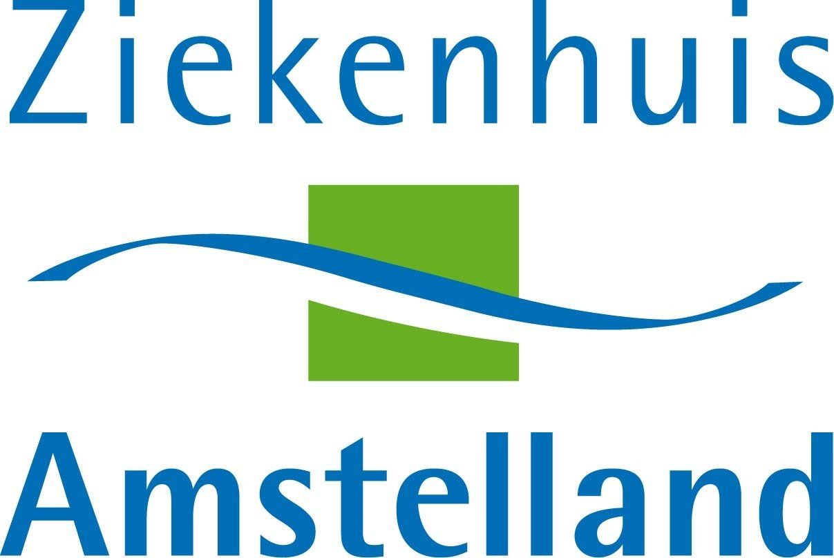 Het logo van Ziekenhuis Amstelland in blauw en groen met een gestileerde golf en een vierkant embleem.