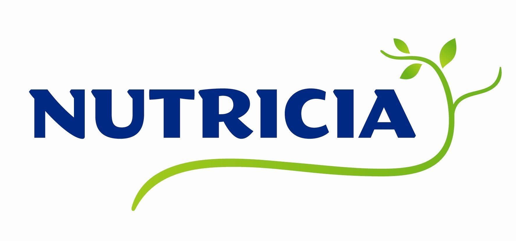 Het Nutricia-logo in blauwe tekst met een groen blad en een gebogen lijn.