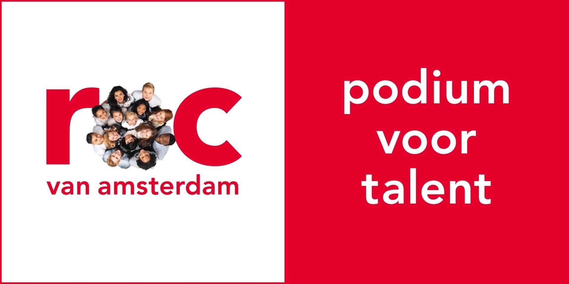 ROC van Amsterdam-logo met de tekst 'podium voor talent' op een rood-witte achtergrond.