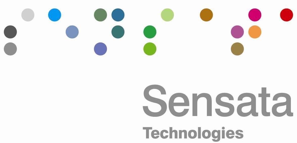 Het logo van Sensata Technologies met veelkleurige stippen boven grijze tekst.