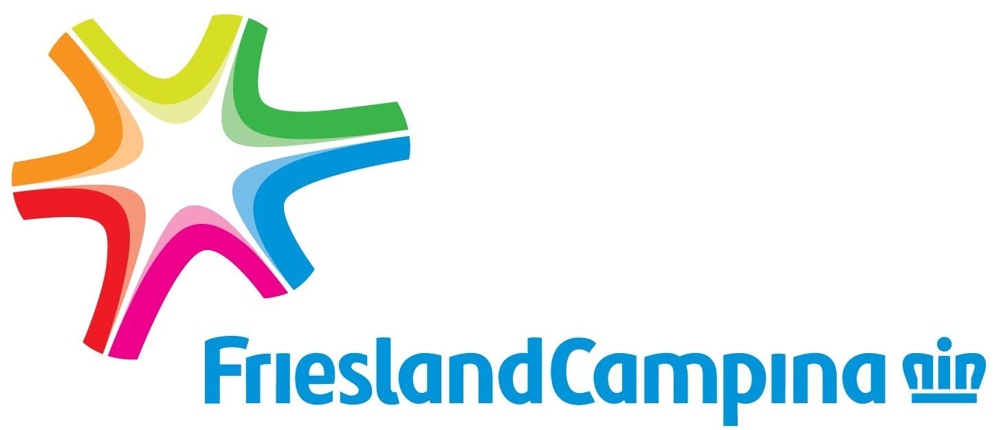 FrieslandCampina-logo met een veelkleurige ster en blauwe tekst op een witte achtergrond.