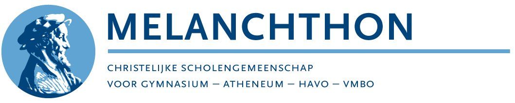 Het logo van Melanchthon met een blauwe wereldbol en een blauw woordmerk in hoofdletters op een witte achtergrond.