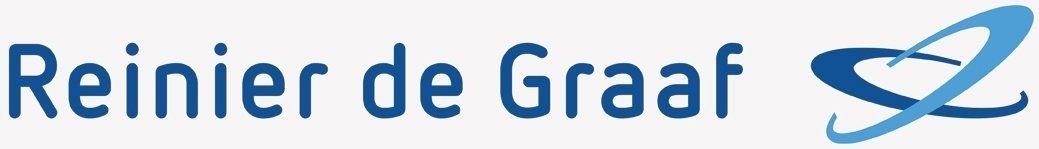 Reinier de Graaf-logo met blauwe tekst en abstract blauw icoon