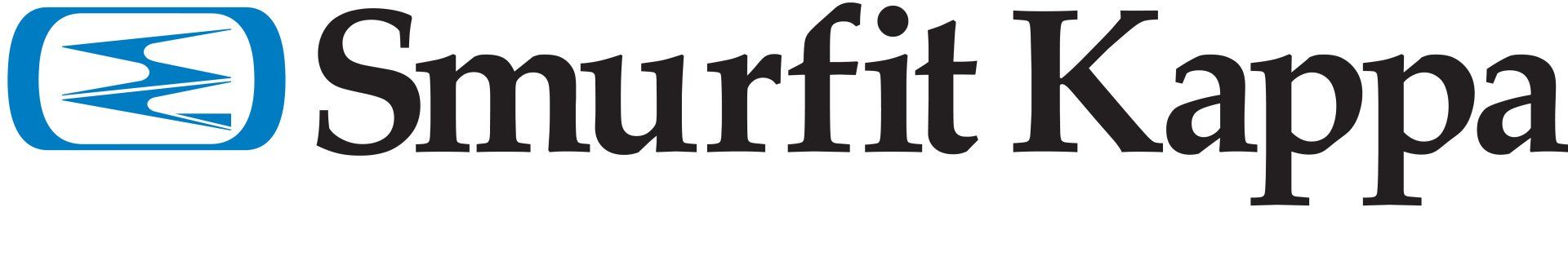 Smurfit Kappa-logo met blauw icoon en zwarte tekst op een witte achtergrond.