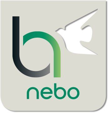 Het Nebo-applogo: een gestileerde zwarte en groene