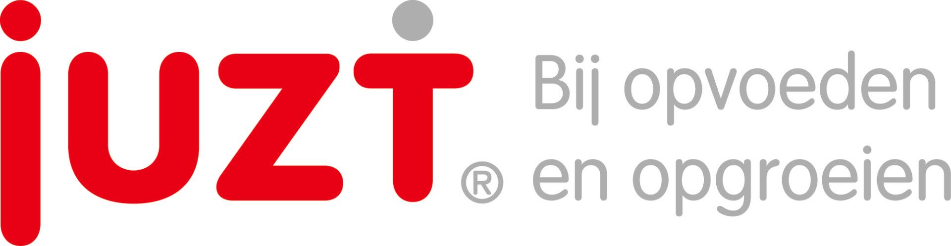 Red logo “JUZT” with gray tagline “Bij opvoeden en opgroeien”