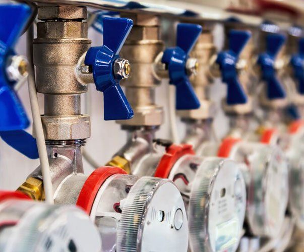A row of water valves with blue handles hanging on a wall.