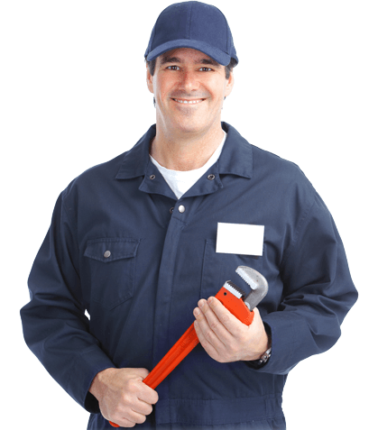 A man in a blue uniform is holding a wrench