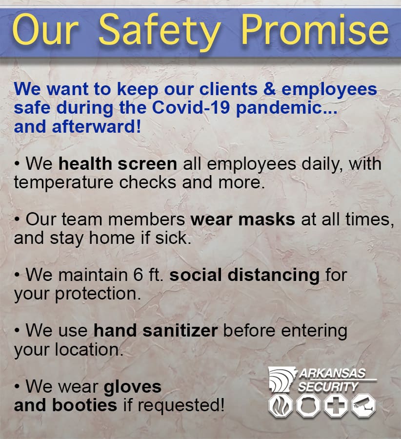 COVID-19 safety poster with blue header, listing mask, distancing, temperature checks, sanitizer, and glove policies