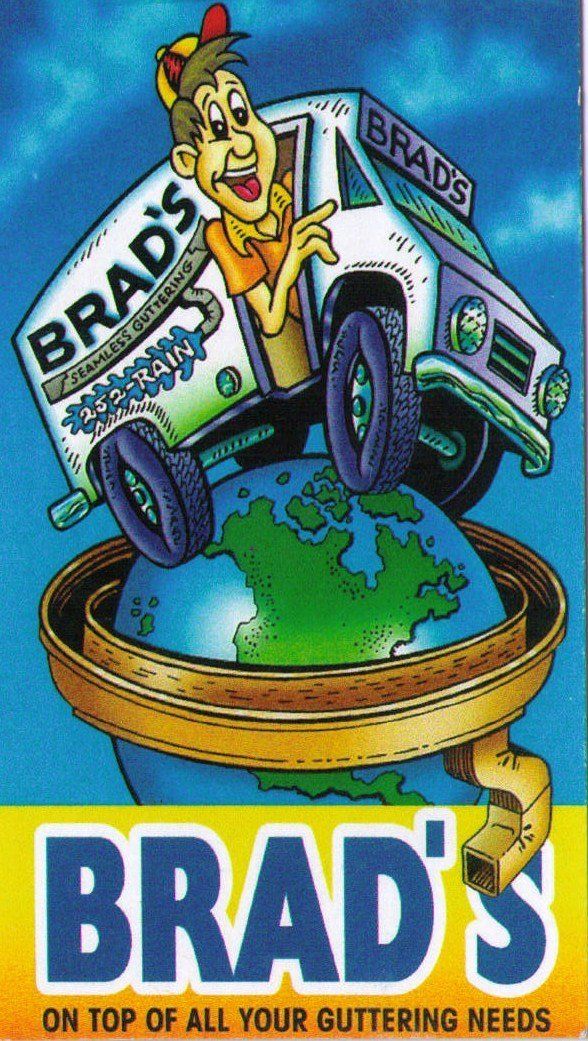 A cartoon person leans out of a Brad's-branded truck parked on a globe, featuring the slogan 