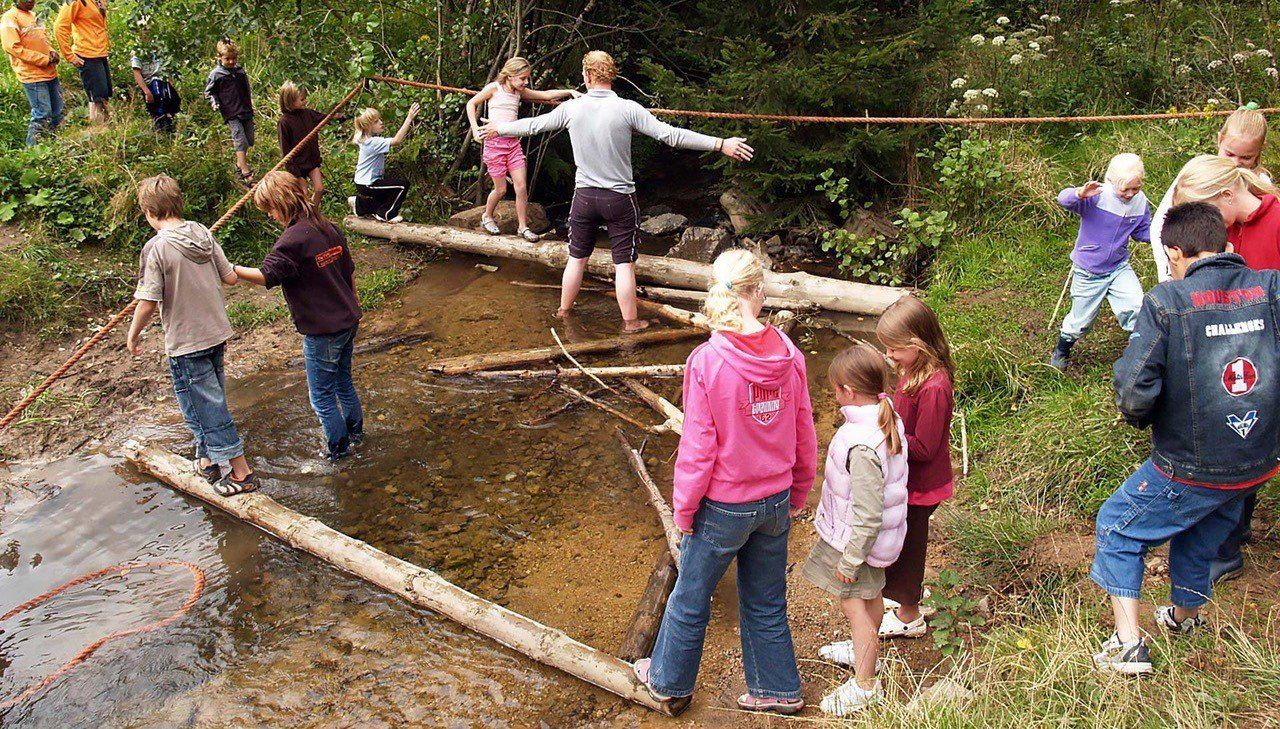 Een groep kinderen staat op een boomstam boven een beek.