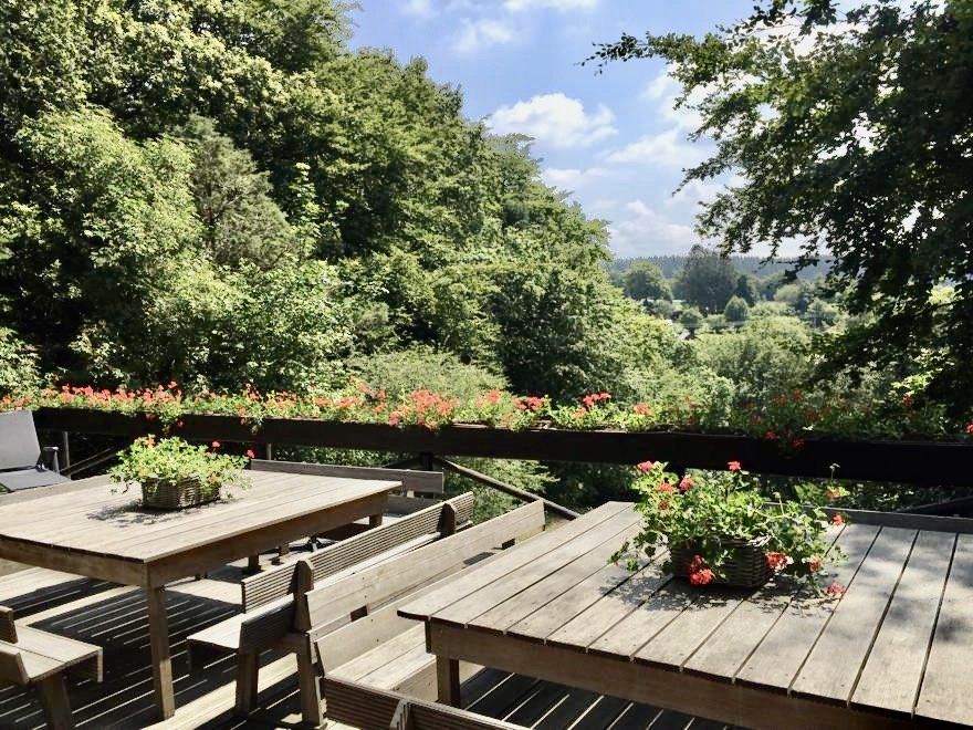 Een houten tafel en banken op een terras met uitzicht op een bos.