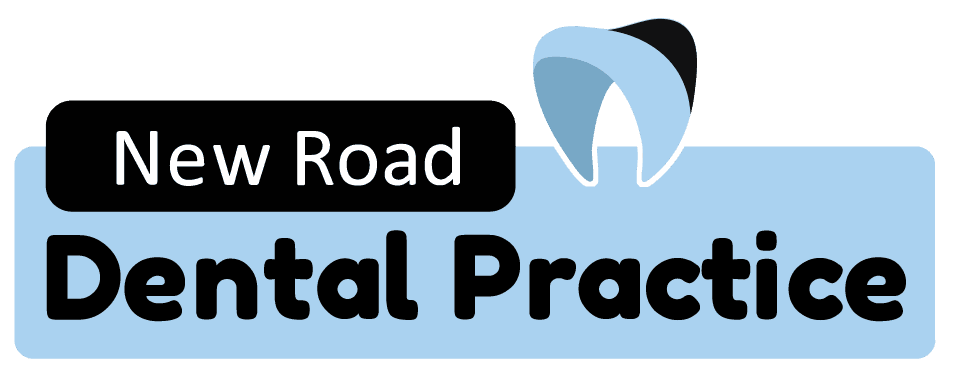 Logo for New Road Dental Practice: black and white text on a blue background, tooth icon.