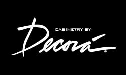 The logo for cabinetry by decora is white on a black background.