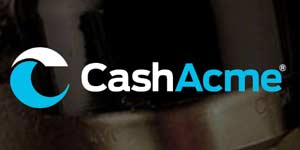 A close up of a cash acme logo on a black background.